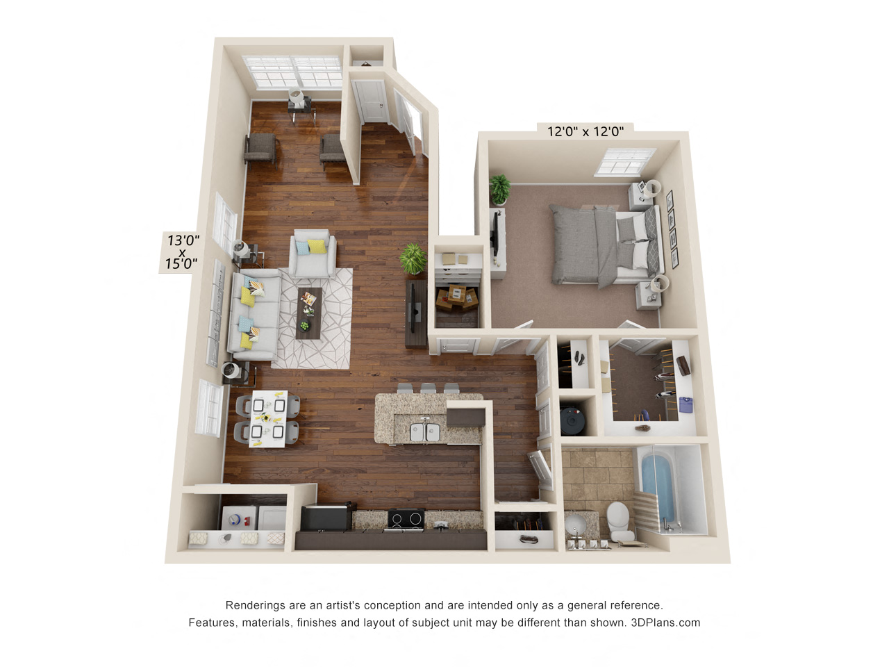 Floor plan for 1 bed, 1 bath, 724 sqft